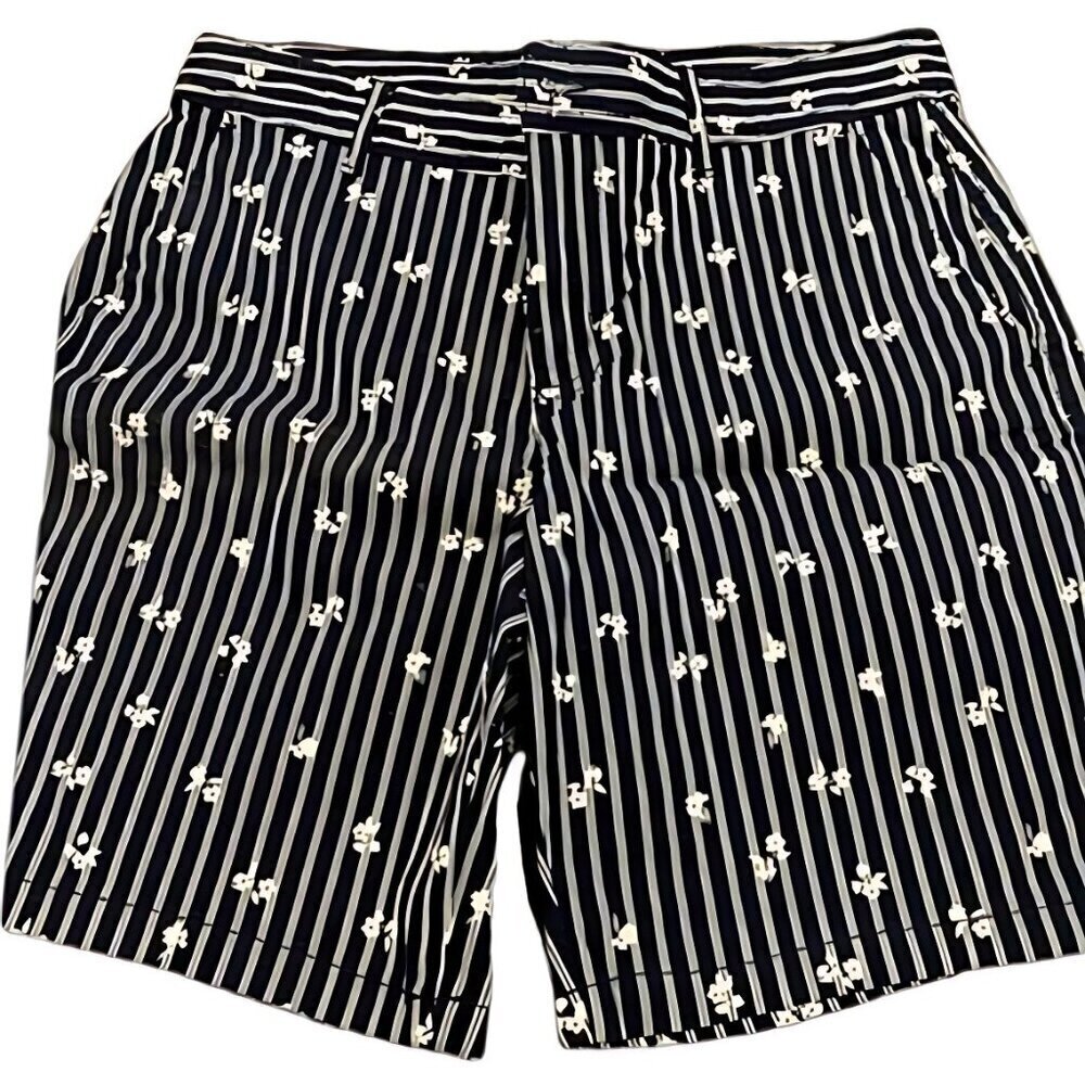 Joe Fresh Shorts Cotton Flat Front Pockets Stripes & Floral Embroidery Design W